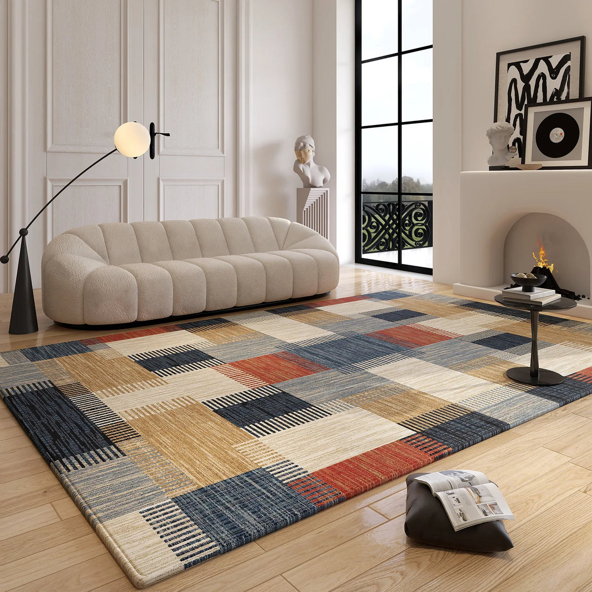 tapis multicolore carreaux géométriques moderne salon chambre extérieur polypropylène polyester lavable main machine