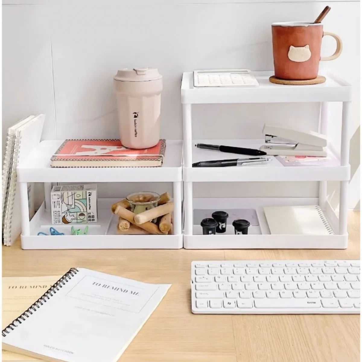 support rangement double niveau blanc moderne rangement papeterie stylo cahier agrafeuse marque page boite
