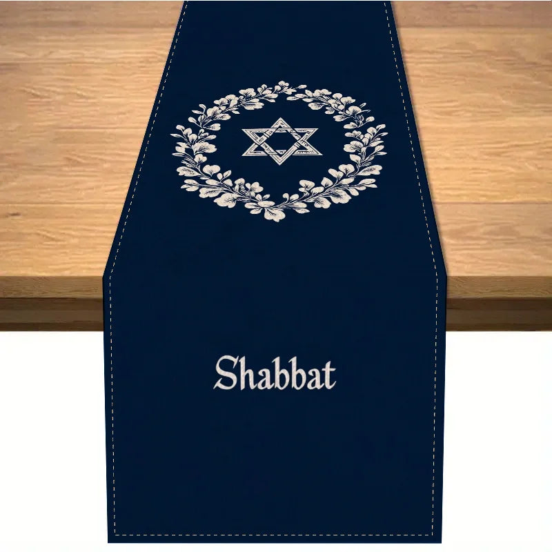 chemin table étoile david shabbat bleu marine blanc classique lin maison festif
