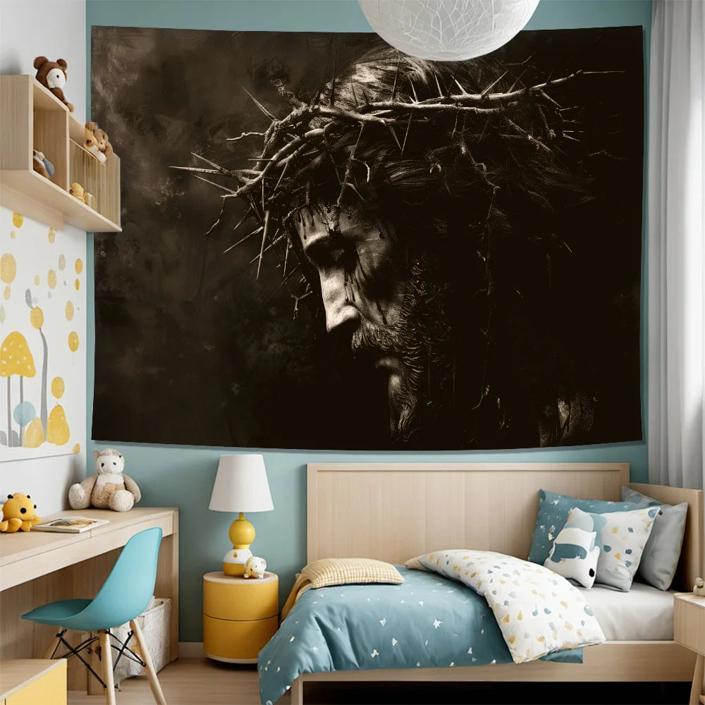 tapisserie art religieux tête couronne épines noir blanche salon chambre entrée