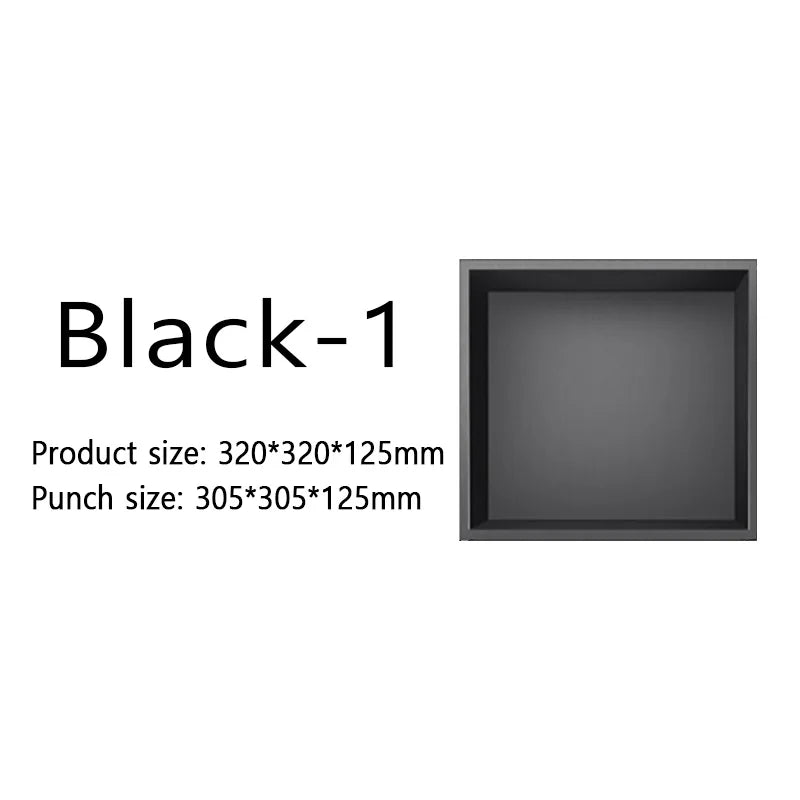niche rangement acier inoxydable noir moderne quatre niveaux mur lampe intégrée chambre salle bain