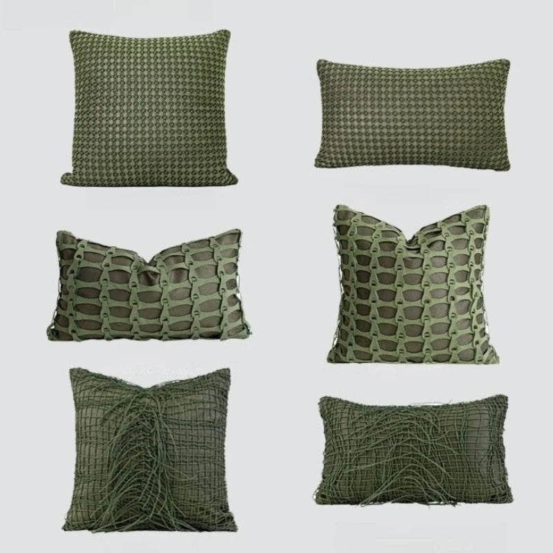 housse coussin vert olive motif géométrique contemporain polyester respectueux environnement coussin