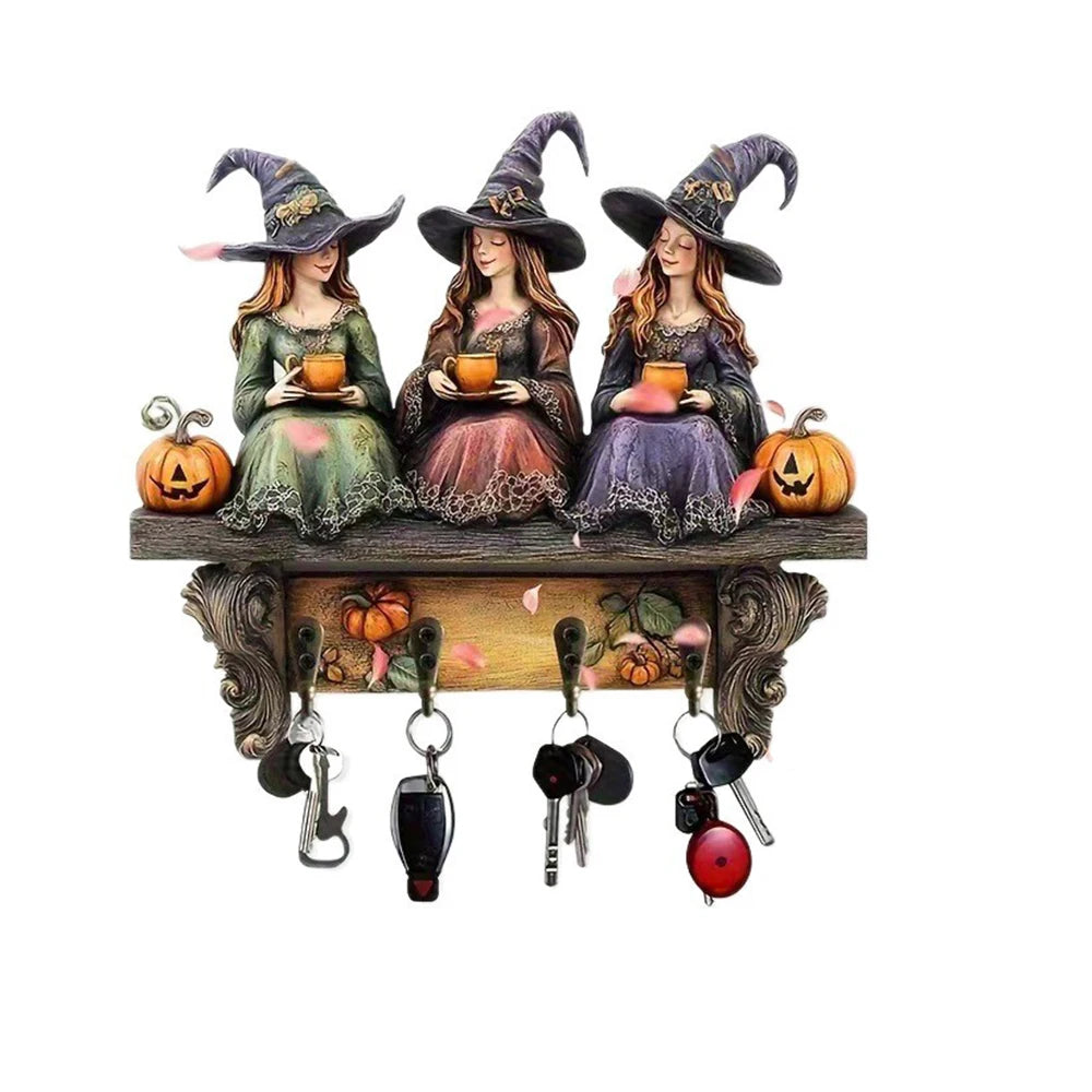 étagère murale décorative sorcières motifs automne couleurs vives halloween clés