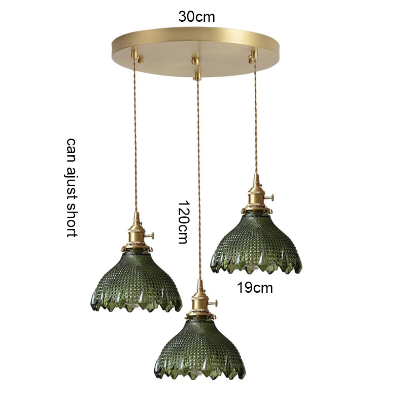 suspension lumineuse vintage vert doré motifs géométriques ampoules câbles chaînes métal