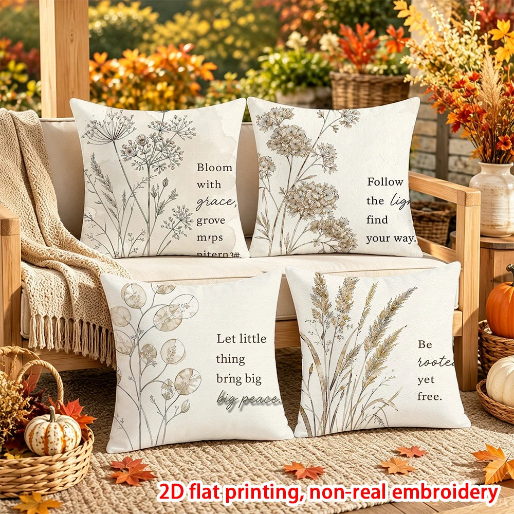 housses coussins décoratives automnales motif fleurs séchées blanc beige 40x40cm 45x45cm 50x50cm 60x60cm polyester