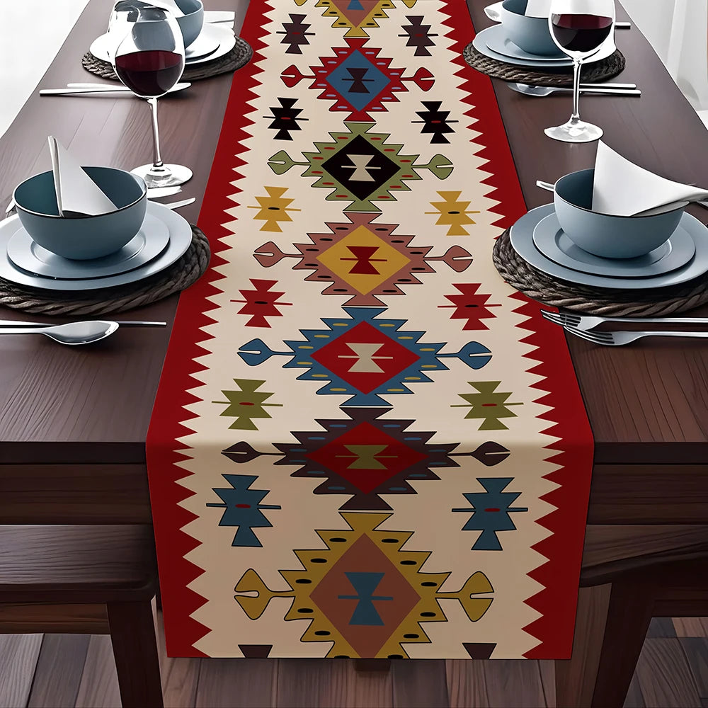 table table ethnique géométrique polyester rouge beige bleu vert triangles losanges festive traditionnelle