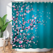 rideau douche branches fleuries cerisier bleu turquoise rose élégant floral asiatique métalliques