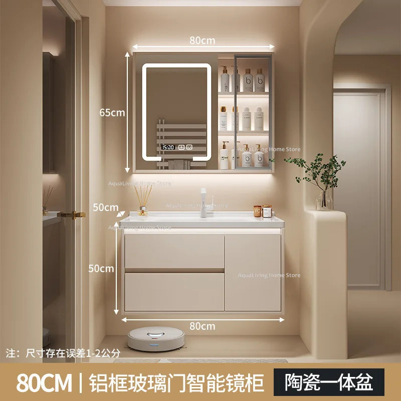 meuble salle bain moderne évier tiroirs beige clair miroir lumineux tapis motifs cosmétiques dorés