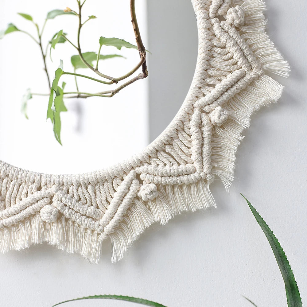 miroir decoratif boheme macramé franges étoile tressage blanc cassé geometrique chambre salon