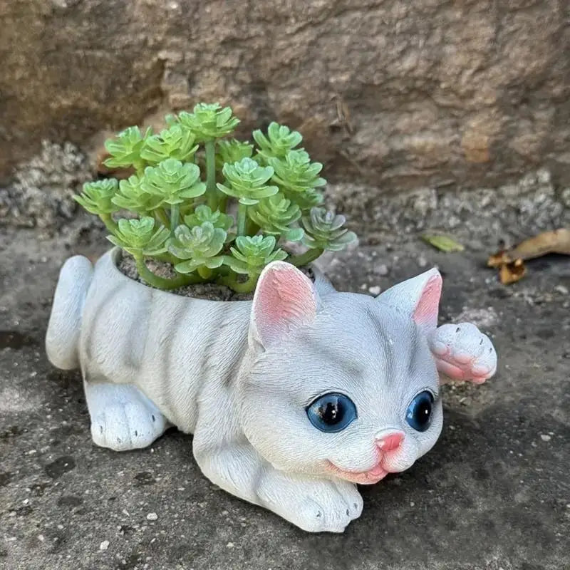 pots fleurs forme chat imitation pelage succulentes decoration gris rose bleu mignon animalier