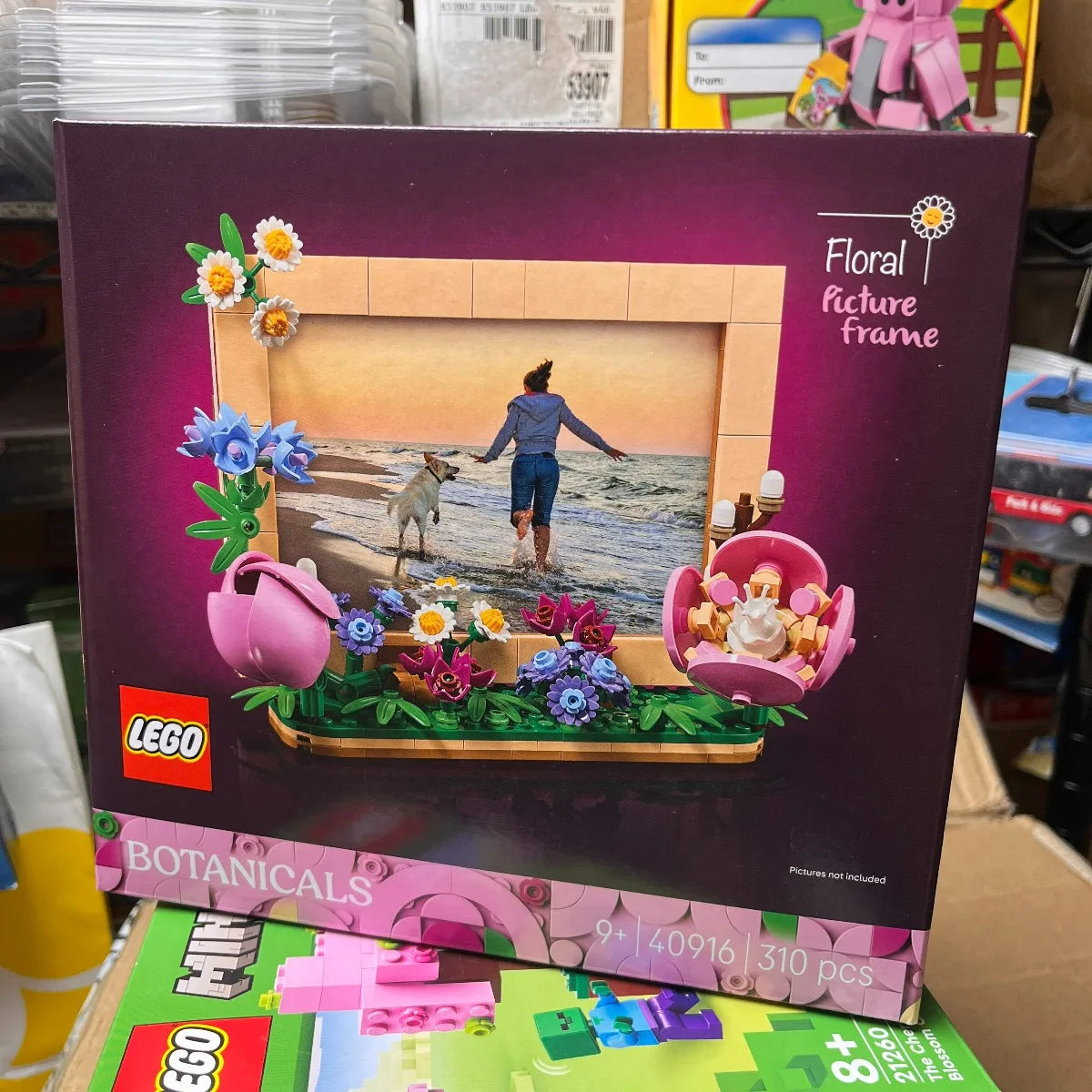 cadre photo fleurs pièces lego beige rose vert bleu jaune