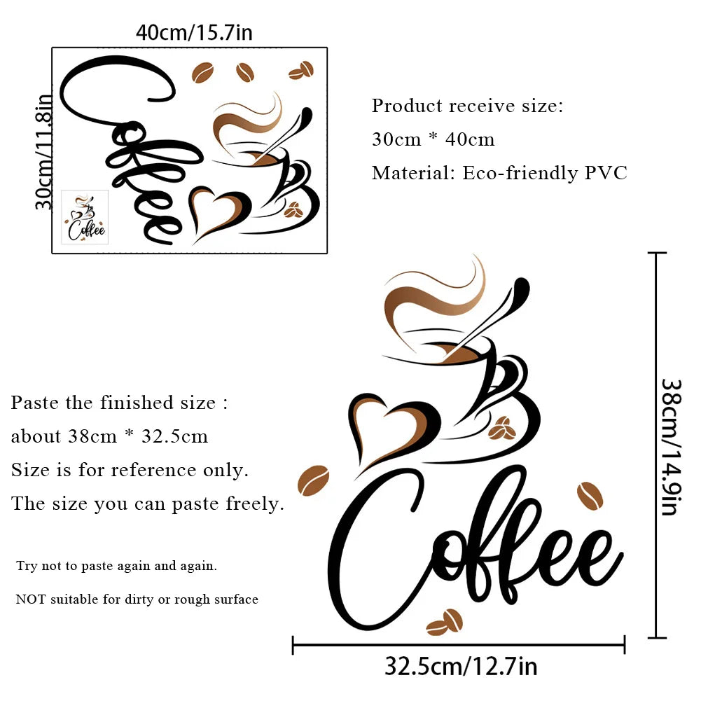 autocollant mural moderne coffee lettres grains cœur abstrait autoadhésif pvc salon restaurant cuisine décoration