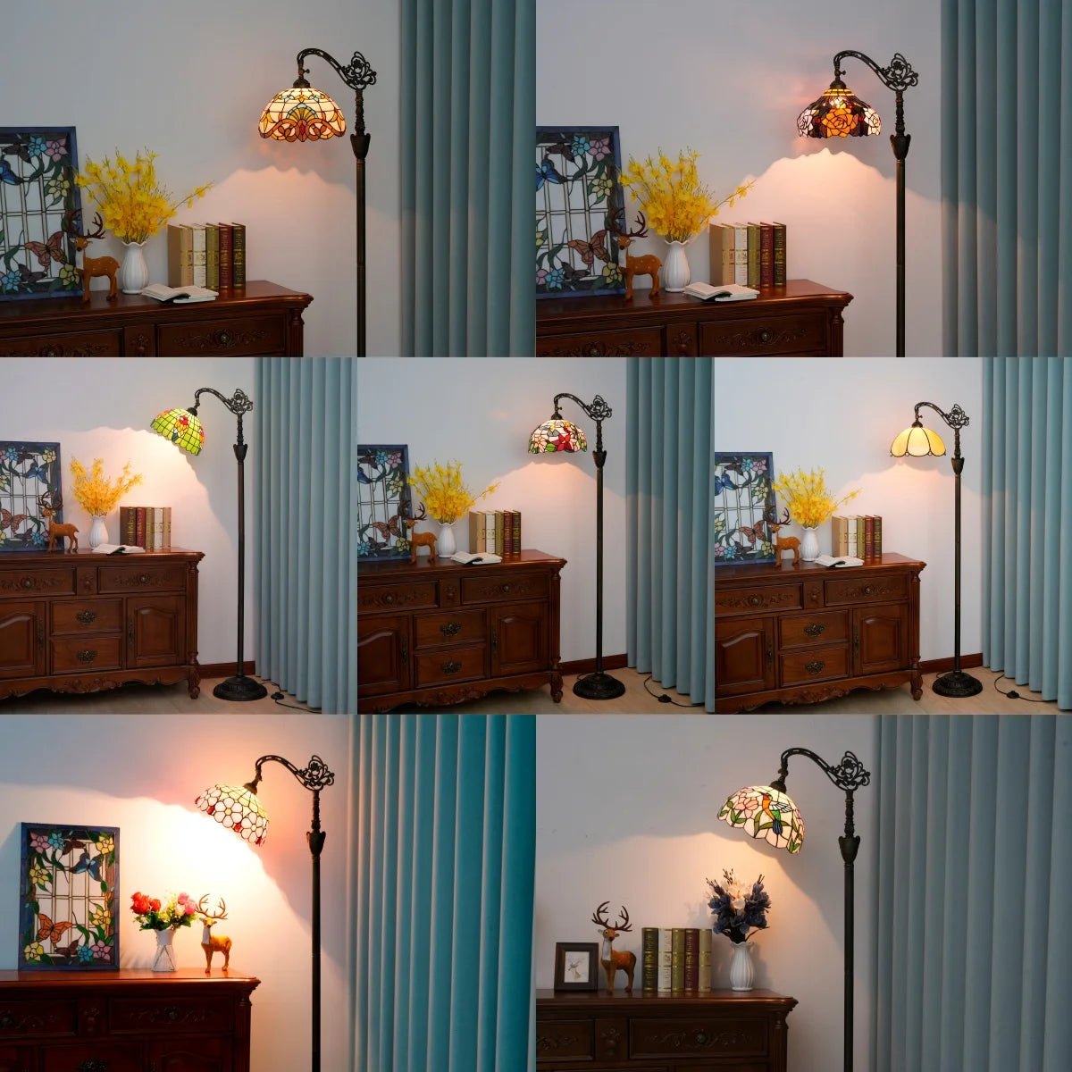 lampe sol tiffany art nouveau fleurs stylisées verre teinté noir jaune rouge vert bleu