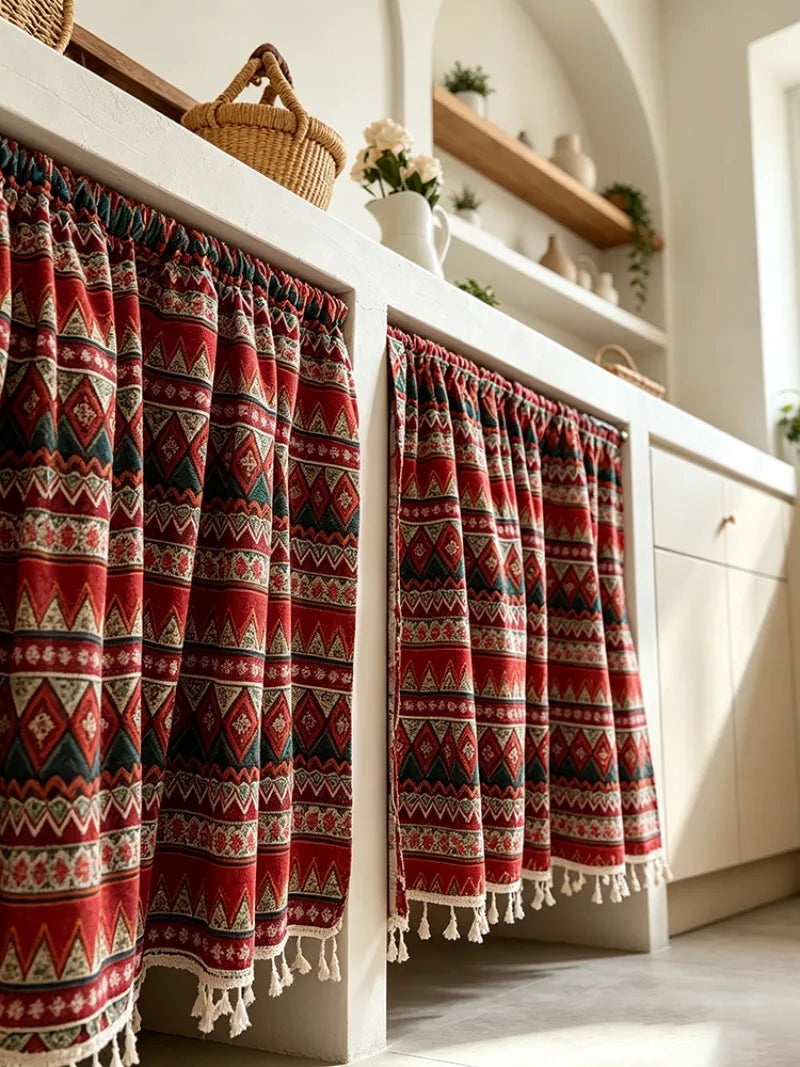 rideau géométrique rouge boho chic triangles polyester opaques cuisine facile