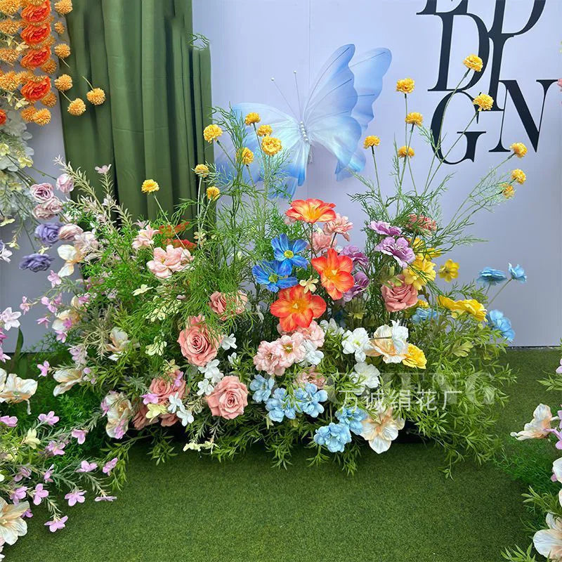 décoration extérieure bouquet artificiel fleurs violet blanc rose jaune bleu feuilles vertes moderne