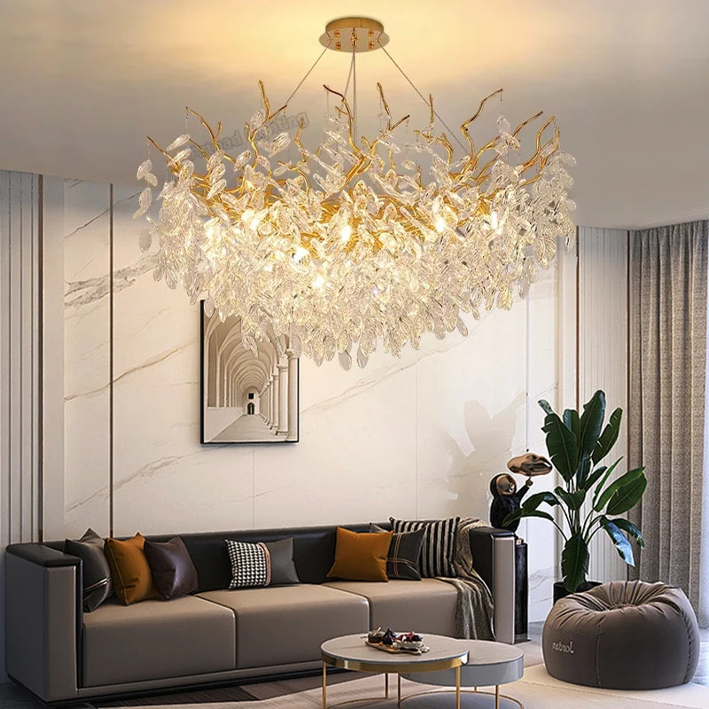 Suspension lumineuse contemporaine transparente dorée branches feuilles LED 100cm