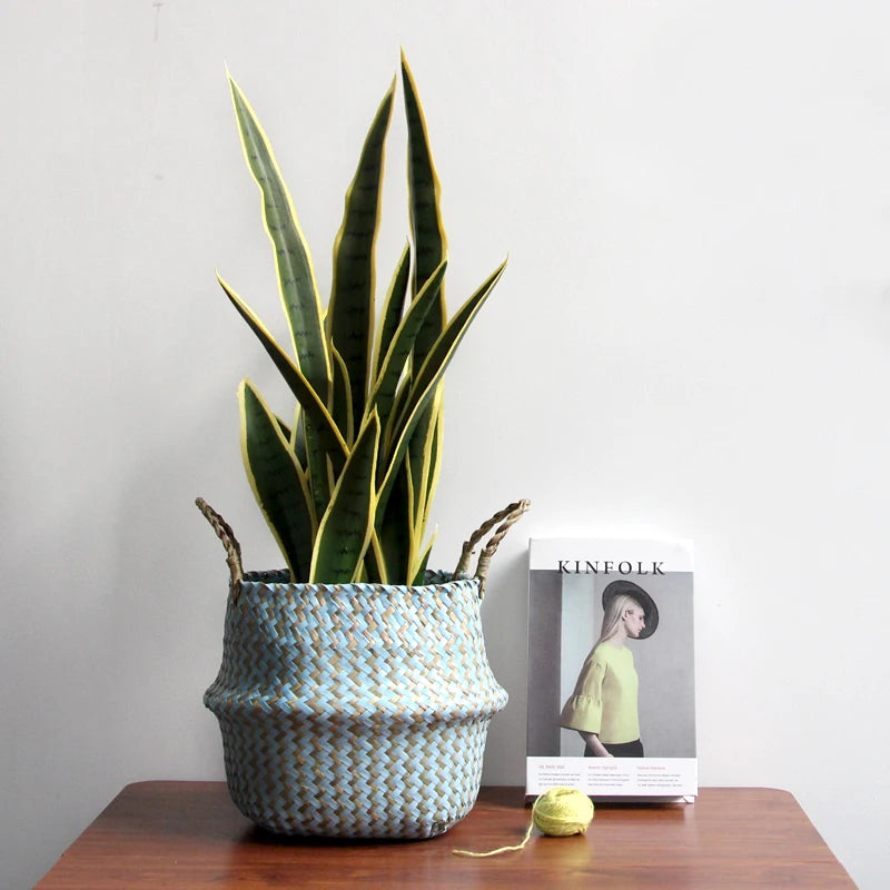 panier rangement tressé bleu beige zigzag ours peluche bois poignées