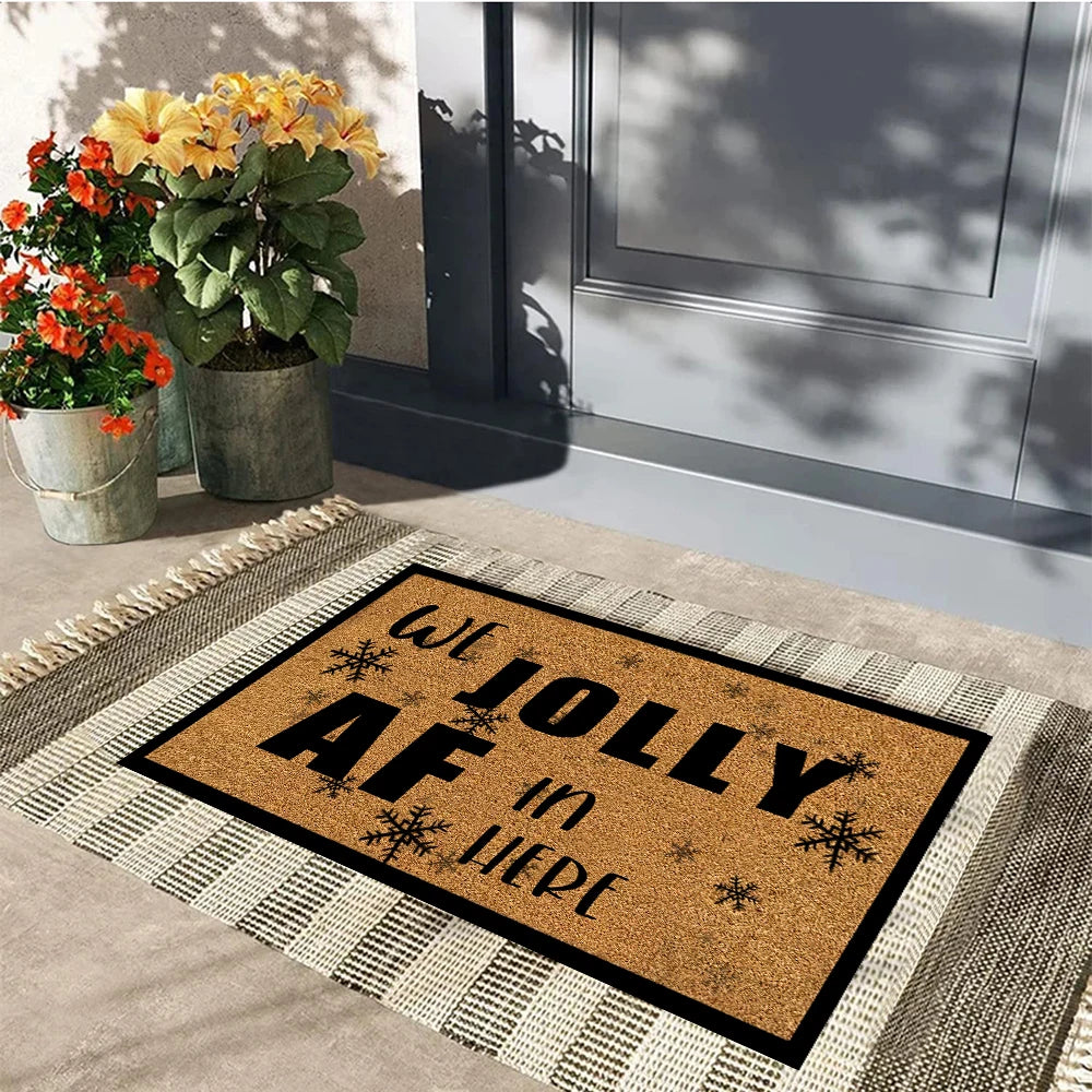 tapis d'entrée antidérapant marron clair lettres noires flocons neige moderne adhésif