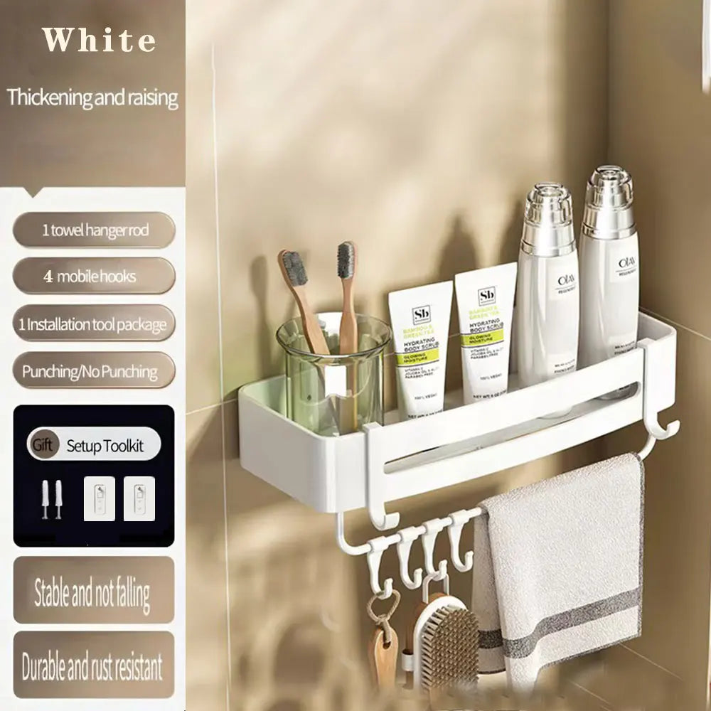 étagère murale triangulaire salle bain gris métal crochets rangement douche moderne autocollante