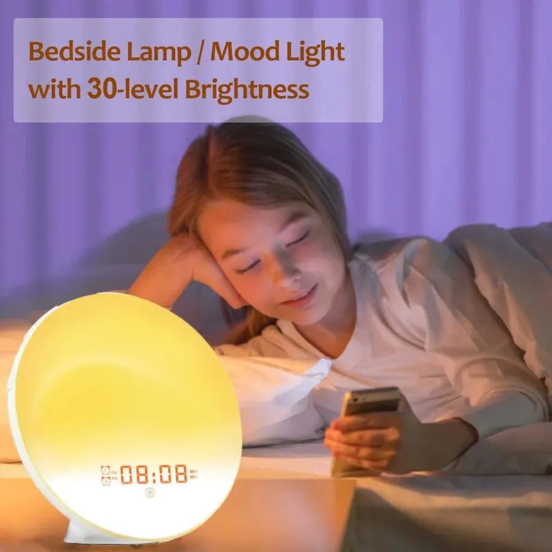 lampe réveil lumineuse simulation lever soleil radio fm horloge numérique veilleuse écran led moderne