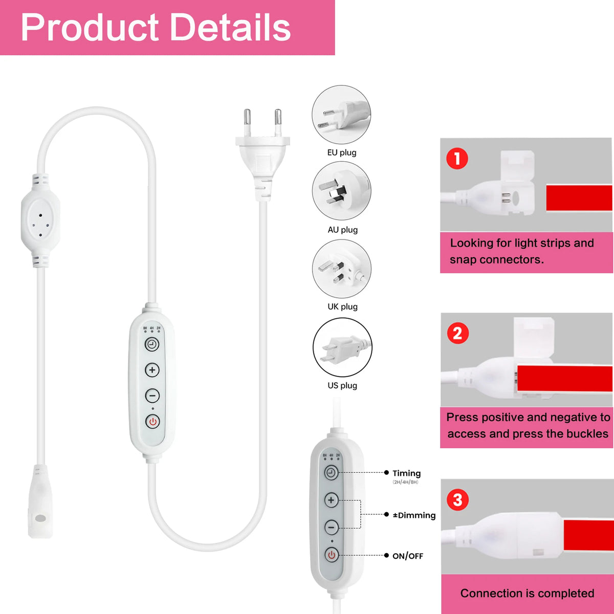 adaptateur led commutateur atténuation blanc moderne câble puissance 100cm prises eu uk us