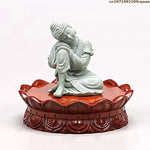 support bois sculpté bouddha fleurs artisanal marron clair étagère décoration maison trépied