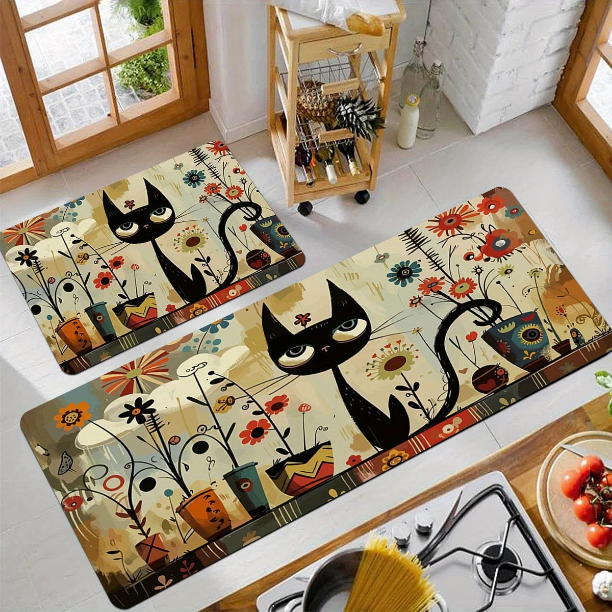 tapis sol moderne chats noirs fleurs colorées imperméable polyester usage maison hôtelextérieur