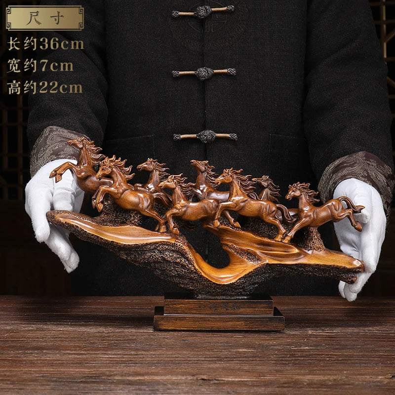 ornements sculptés chevaux résine artisanal chinois couleurs dorées rouges noires modernes