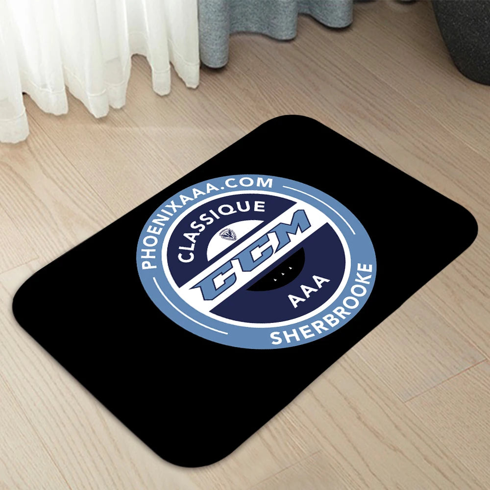 tapis moderne graphique ccm logo noir rouge blanc bleu jaune salon