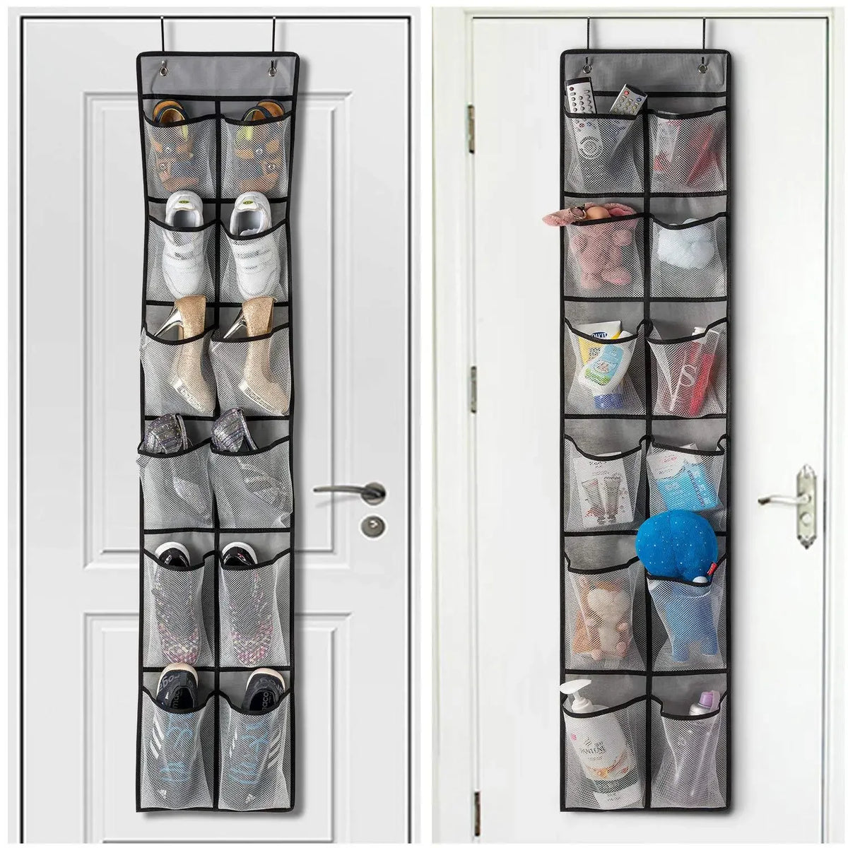 rangement chaussures suspendu noir gris transparent 14 poches maille respirante moderne crochets métalliques