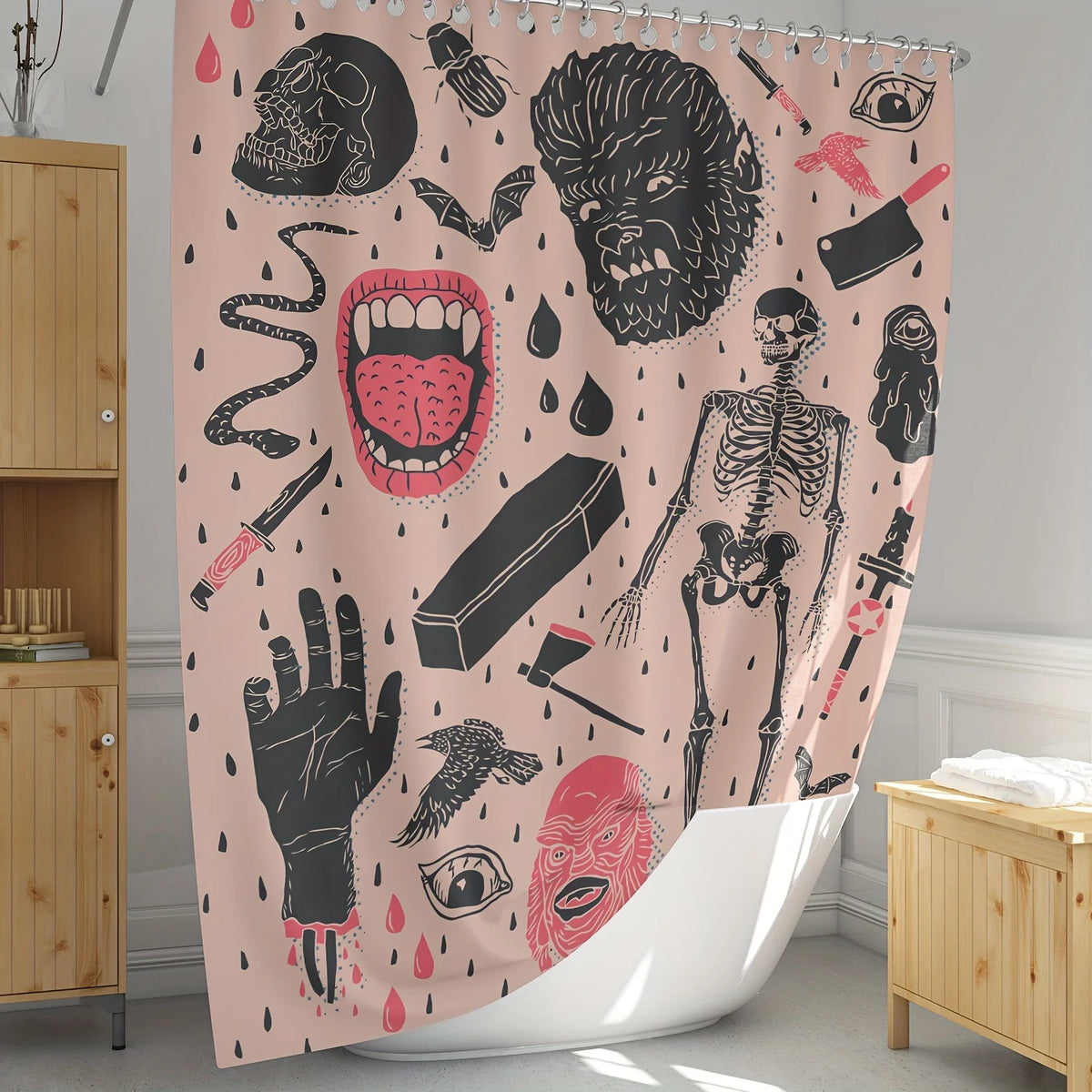 rideau douche halloween crânes squelettes motifs gothiques rose noir