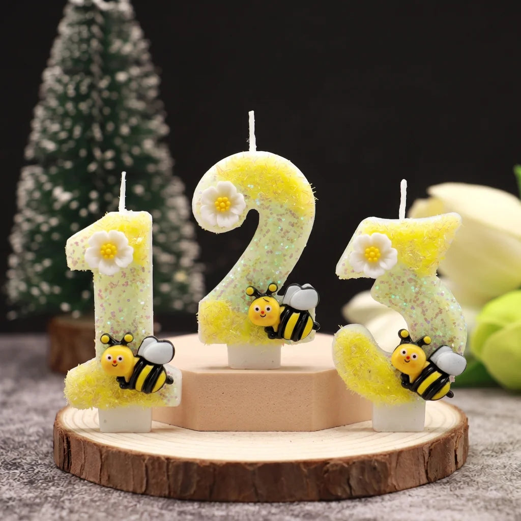 bougies forme chiffres jaune blanc noir fleurs abeilles décoratives enfants sucrerie couteau sucre boîte