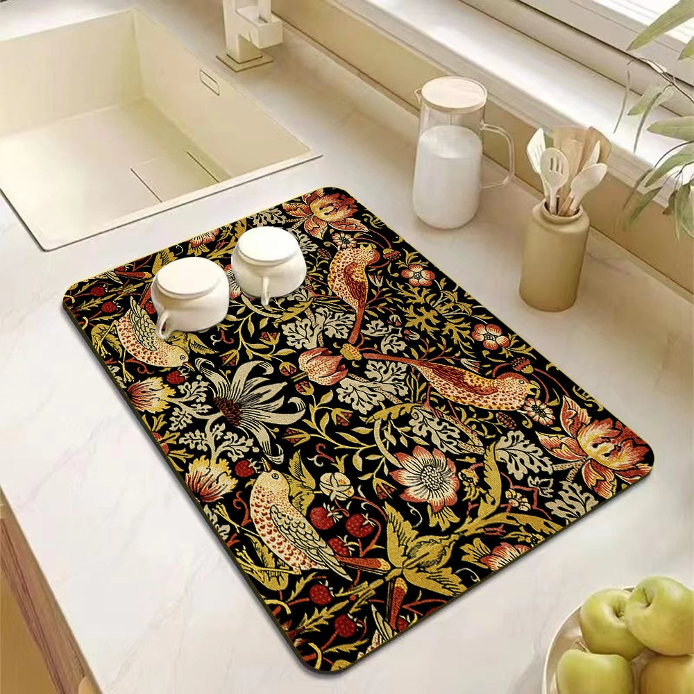 tapis séchage vaisselle moderne fleurs oiseaux bleu marine vert orange blanc