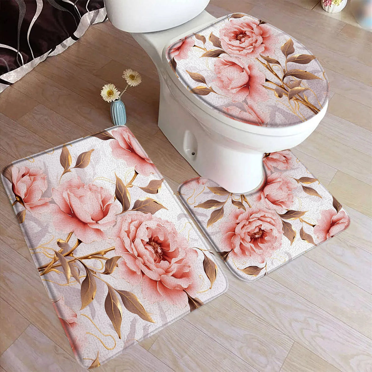 tapis toilette rose fleurs feuilles bain salle beige floral respectueux environnement trois pièces