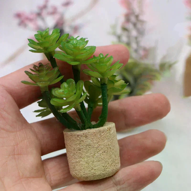 plantes artificielles miniature vert jaune rose bleu feuilles fleurs pot liège