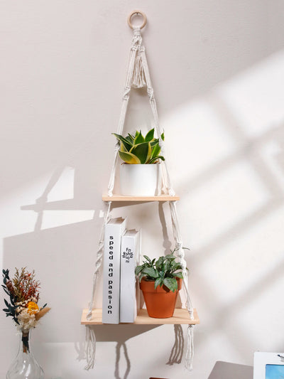 Étagère murale flottante à 2 niveaux avec perles en bois pour plantes - vue de face