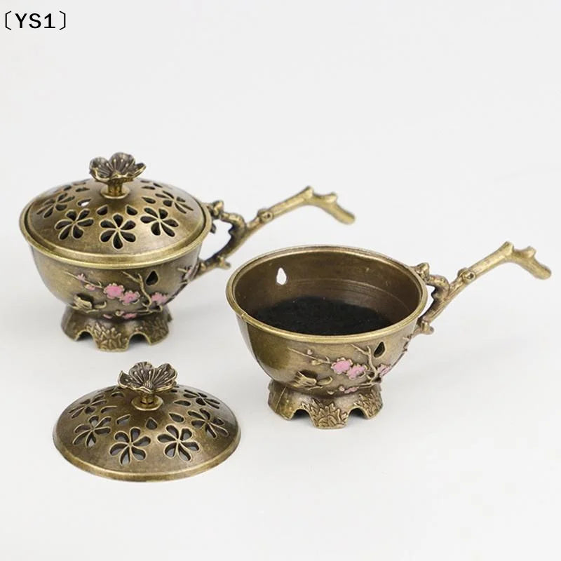 brûleur encens cendrier parfum fleur prunier bronze doré artisanal vintage feuilles vertes roses