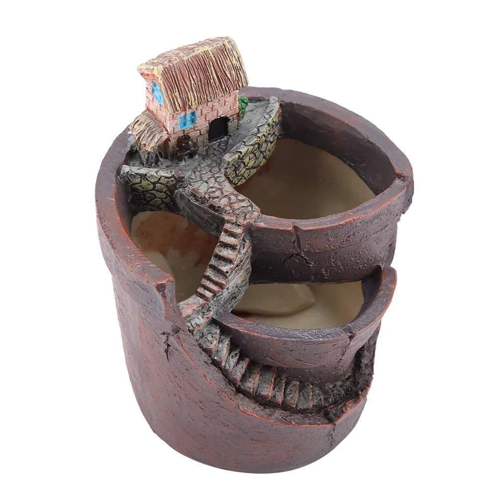 pots plante résine marron gris miniature maison toit chaume fenêtre bleue rustic