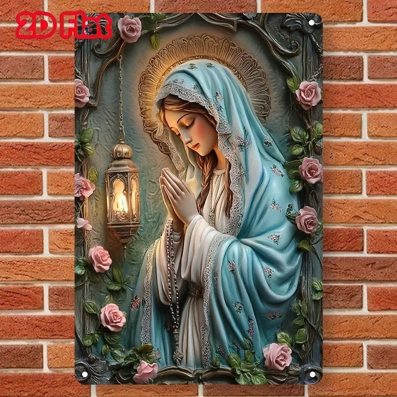 plaque décorative religieuse aluminium bleu gris blanc doré relief fleurs lanterne fixations maison art