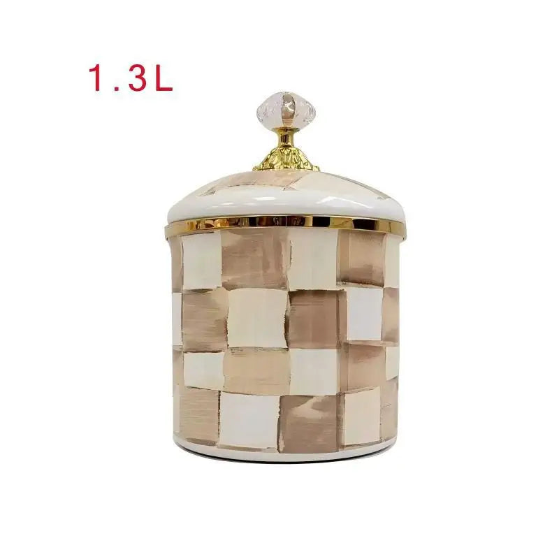 contenants cuisine porcelaine émaillée carreaux géométriques bleu blanc rose classiques
