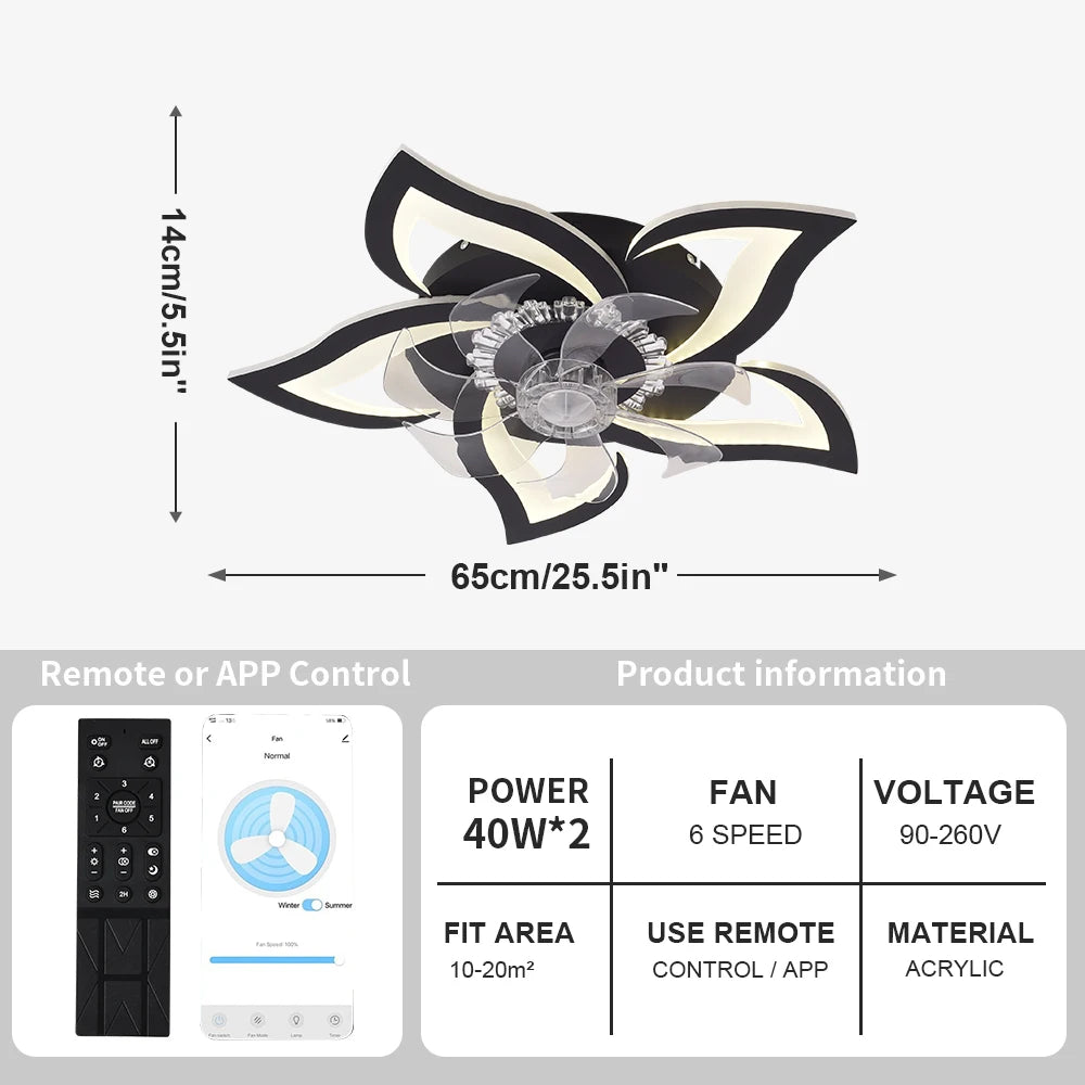 ventilateur éclairage moderne intensité variable forme fleur télécommande application minuterie vitesses led noir blanc