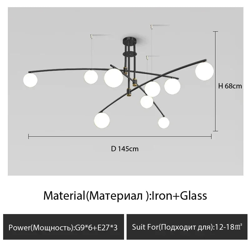 luminaire suspension moderne sphères translucides structure métallique dorée éclairage salon salle manger chambre