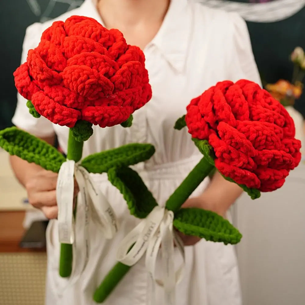 fleurs artificielles tricotées rouge vert décoration maison saint valentin anniversaire trame épaisse opacité ruban