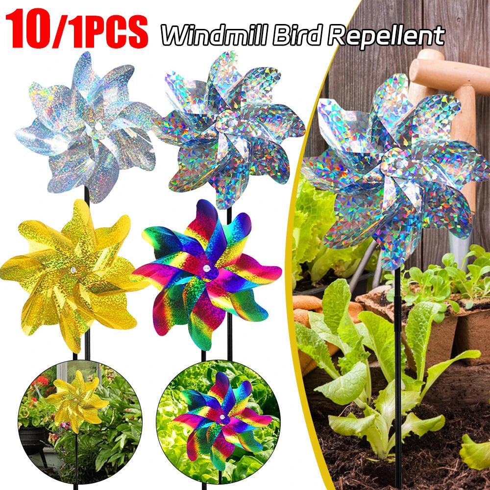 décor extérieur moderne moulin vent argent bleu jaune holographique 18cm 52cm piquet métallique jardin