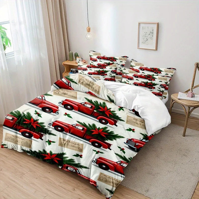 ensemble literie impression 3d camions noel blanc rouge vert oreillers taies doreiller drap plat
