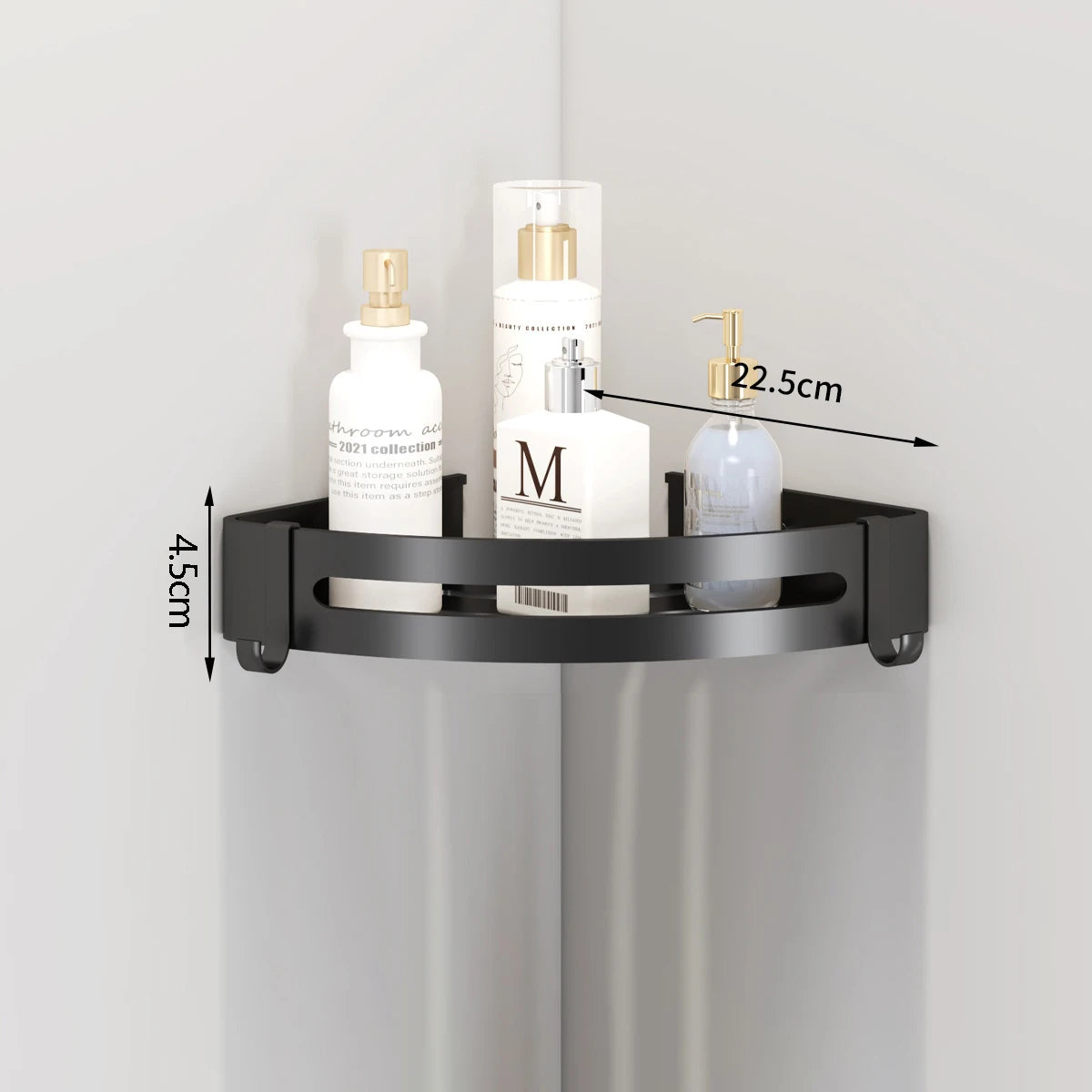 étagère salle bain blanc moderne adhésive shampooing gel douche lotion parfum verre boucles d'oreilles