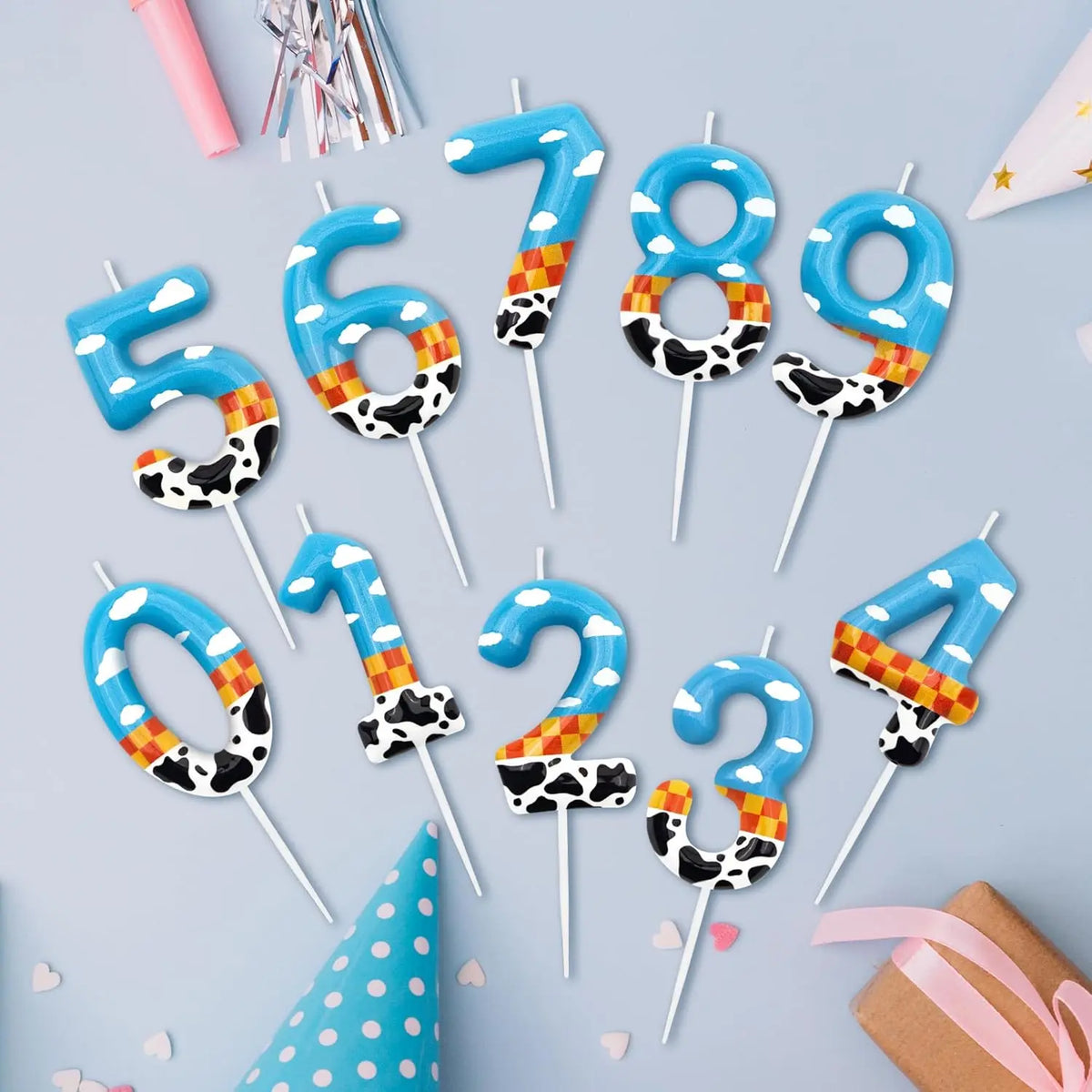 bougies numérotées anniversaire dessin animé motif animalier vache nuages carreaux