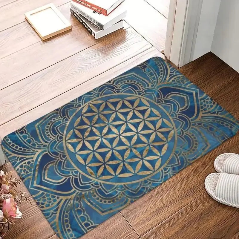 tapis bain bleu doré motif mandala géométrique boho antidérapant salle bain