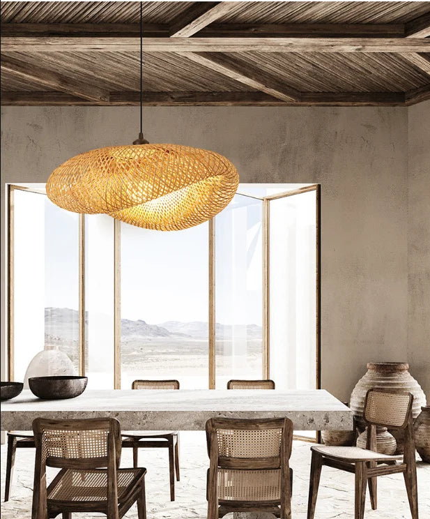 Suspension lumineuse moderne bambou tressé marron clair salon cuisine rustique E27