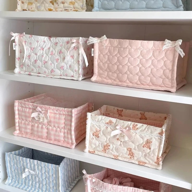 boîtes rangement coton motifs floraux rose blanc bleu vintage pliables utilisation multiple